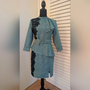 Elegant Teal Dress with Black Lace Accents